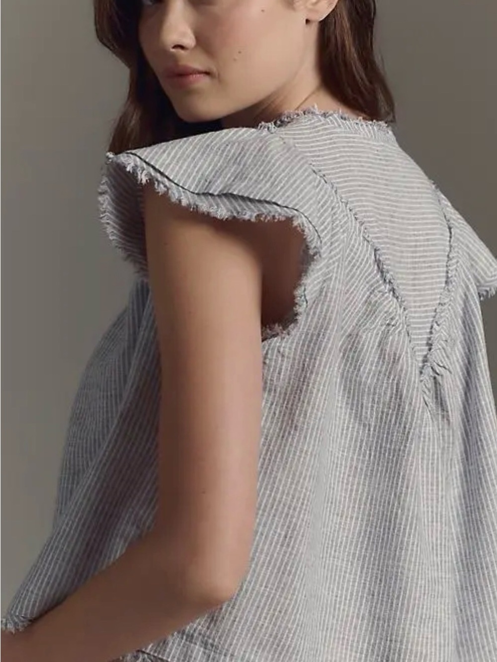 Anthropologie Blue-White Pinstripe Frayed V-Neck Flutter Top - Picture 2 of 6